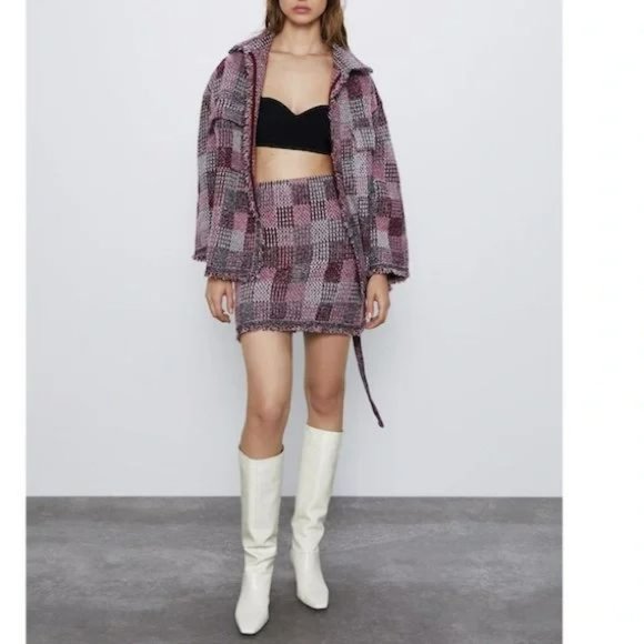 ZARA 2 PCS PLAID KNIT METALLIC THREAD JACKET + SKIRT - Picture 2 of 6
